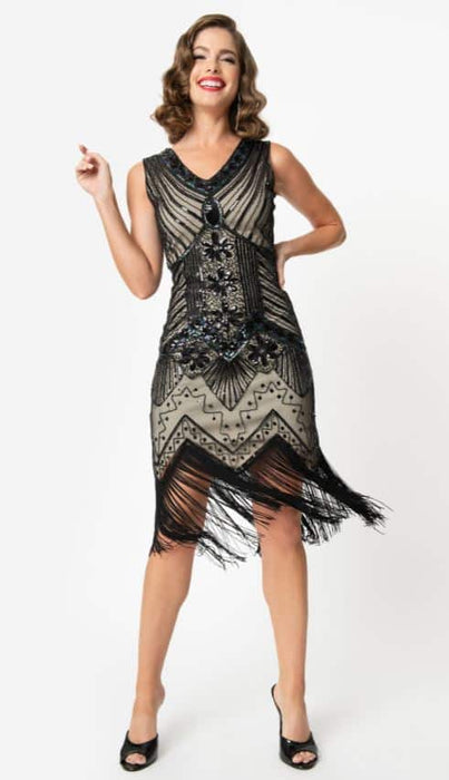 Unique Vintage Flapper Deco beige-schwarz