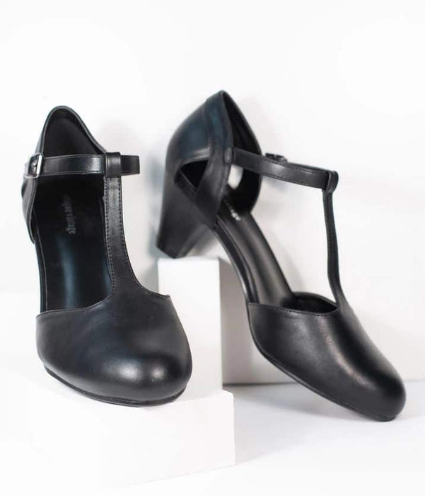 Unique Vintage Pumps Roxy T-Strap schwarz