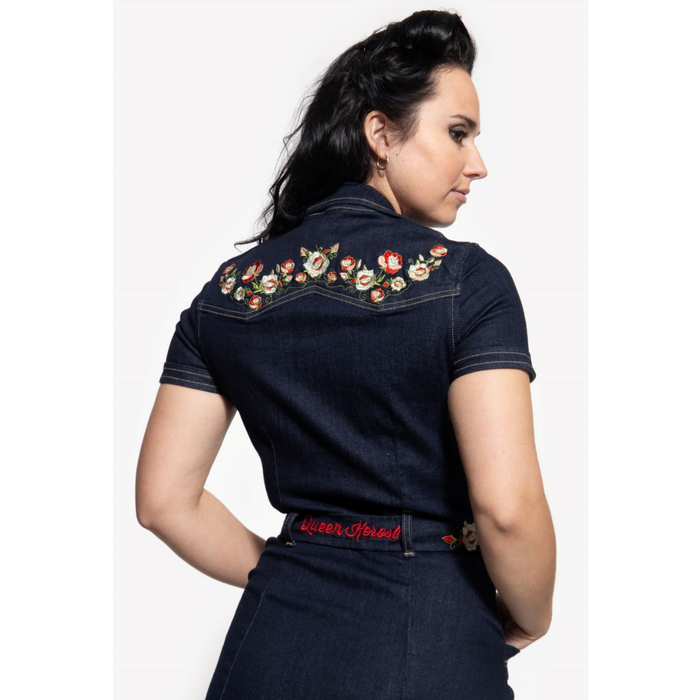 Queen Kerosin Jeanskleid mit Blumenstickereien