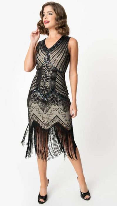 Unique Vintage Flapper Deco beige-schwarz