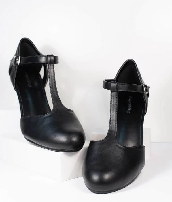 Unique Vintage Pumps Roxy T-Strap schwarz